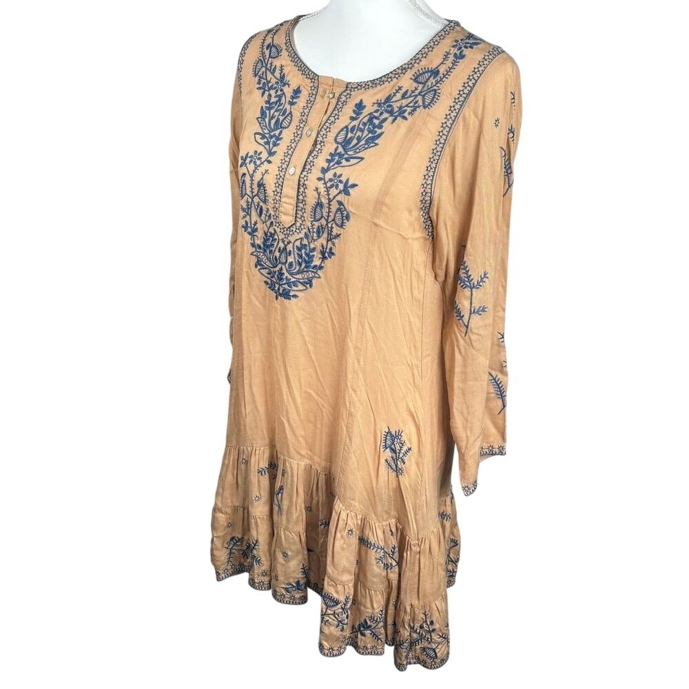 Bohemian Embroidered‎ Dress Sz M Natural Long Sleeve Flowy Relaxed Cottage BOHO - Picture 2 of 11